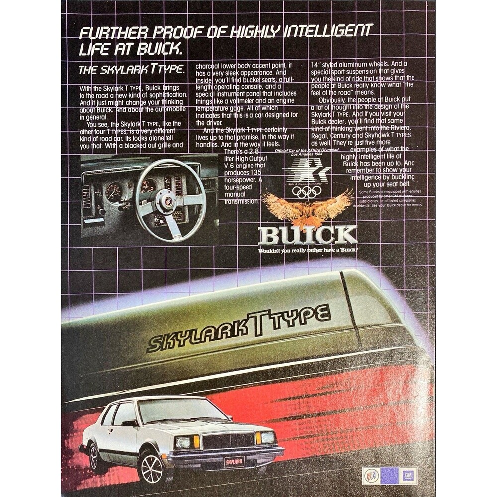 Buick Skylark T-Type "Proof of Hi-Intelligence at Buick" Vintage Print Ad 1983